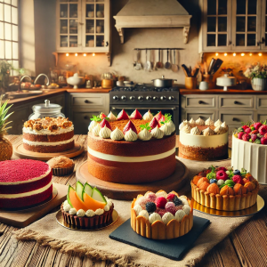 DALL·E 2024-08-31 17.36.15 - A cozy kitchen scene featuring a variety of beautifully baked cakes and pastries, including classic Red Velvet cake, carrot cake, and innovative creat